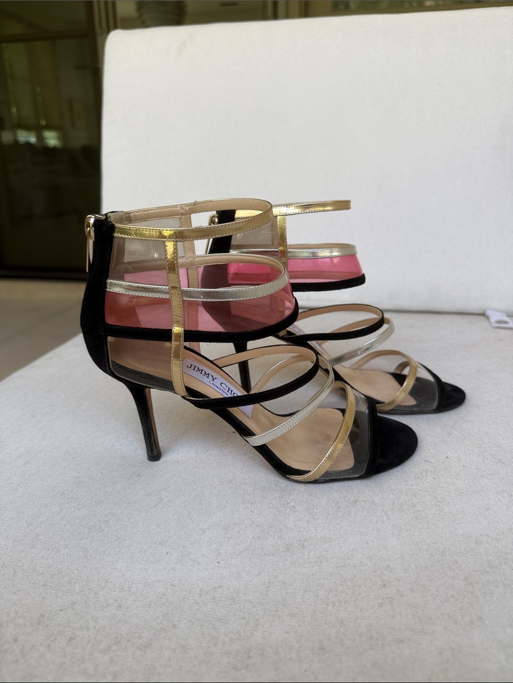Jimmy Choo Gold, Black & Pink Strappy PVC Heels - Picture 4 of 5